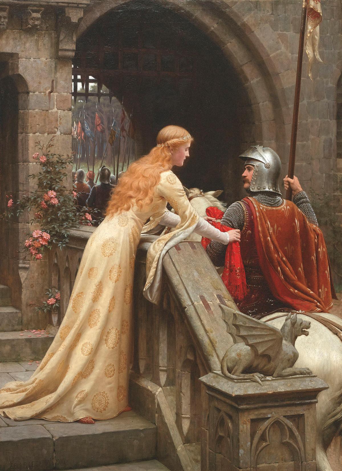 "God Speed," 1900, by Edmund Blair Leighton. Oil on canvas; 63 inches by 45 5/8 inches. Private collection. (Public Domain)