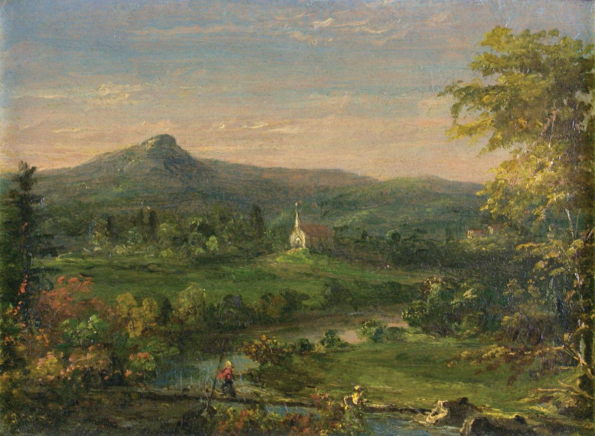 "Landscape With Church," 1846, by Sarah Cole. Oil on artist board; 10 1/8 inches by 13 1/4 inches. Gift of Lynne Hill Bohnsack, Thomas Cole National Historic Site, New York. (Courtesy of Thomas Cole National Historic Site)