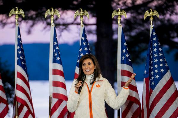 Republican presidential candidate and former U.N. Ambassador Nikki Haley speaks during a campaign event at Clemson University in Clemson, S.C., on Feb. 20, 2024. (Madalina Vasiliu/The Epoch Times)