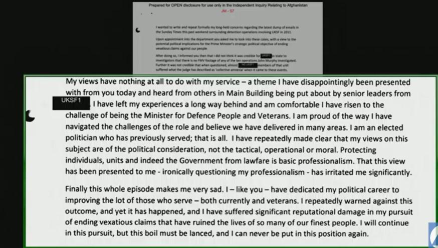 An excerpt from a letter written by veterans' affairs minister Johnny Mercer to former Defence Secretary Ben Wallace in August 2020 and shown to the independent inquiry into Afghanistan in London on Feb. 21, 2024. (The Independent Inquiry into Afghanistan)