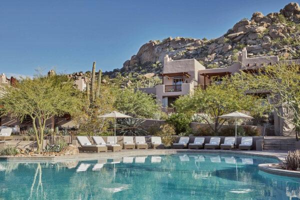 The two-tier, saltwater pool complex with views of Crescent Butte behind at the Four Seasons Scottsdale. (Four Seasons Resort Scottsdale at Troon North/TNS)