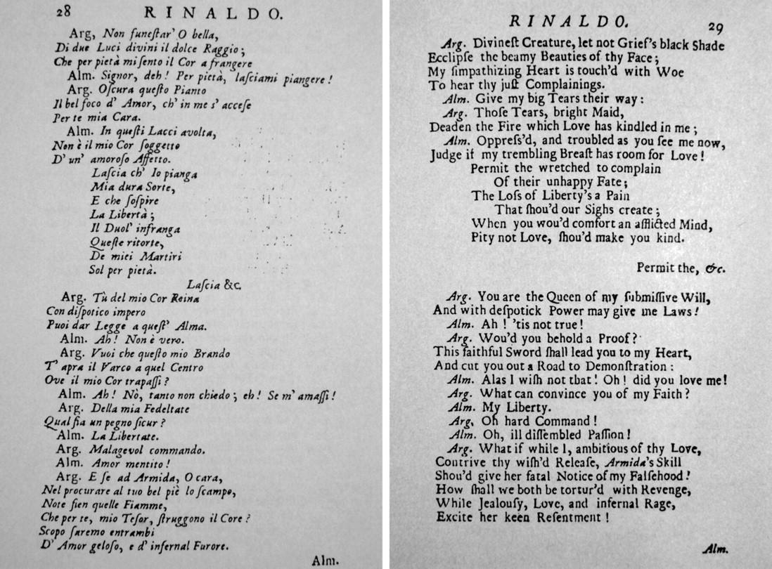 Pages from Handel's 1711 libretto for "Rinaldo": Italian on the left, English translation on the right. (Public Domain)