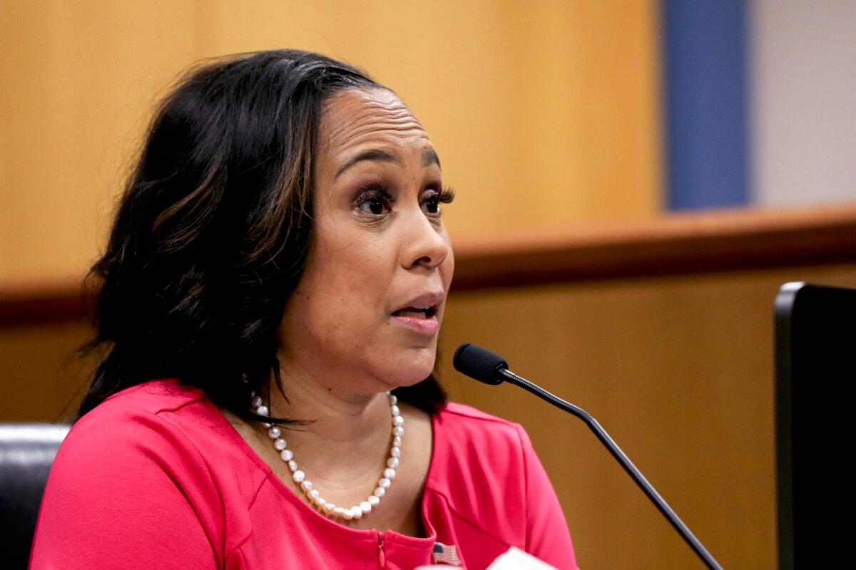 Fulton County District Attorney Fani Willis testifies during a hearing in the case of the State of Georgia v. Donald John Trump at the Fulton County Courthouse in Atlanta, on Feb. 15, 2024. (Alyssa Pointer/Pool via Getty Images)
