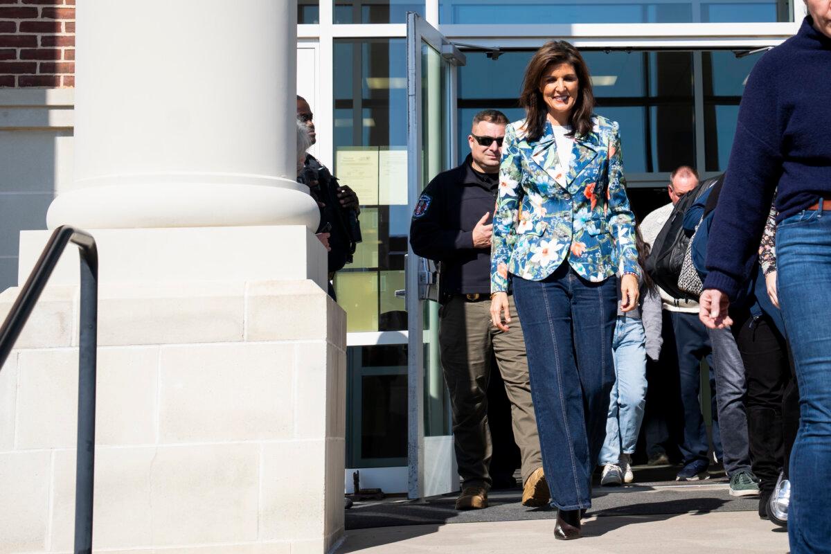 Republican presidential candidate Nikki Haley walks out after a campaign event at the Palmetto Terrace Municipal Building in North Augusta, S.C., on Feb. 21, 2024. (Madalina Vasiliu/The Epoch Times)