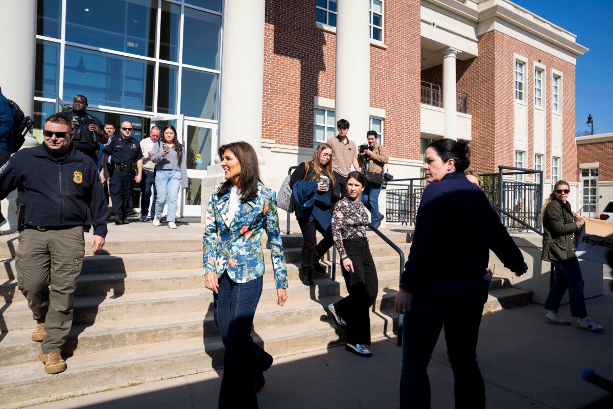 Republican presidential candidate and former U.N. Ambassador Nikki Haley walks out after a campaign event at the Palmetto Terrace Municipal Building in North Augusta, S.C., on Feb. 21, 2024. (Madalina Vasiliu/The Epoch Times)
