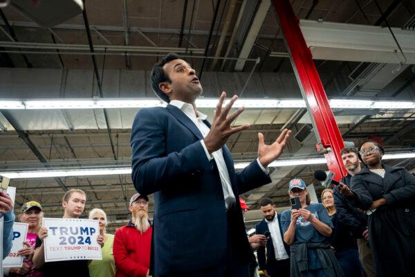 Entrepreneur Vivek Ramaswamy speaks during a Team Trump South Carolina press conference at AGY Aiken LLC in Aiken, S.C., on Feb. 21, 2024. (Madalina Vasiliu/The Epoch Times)
