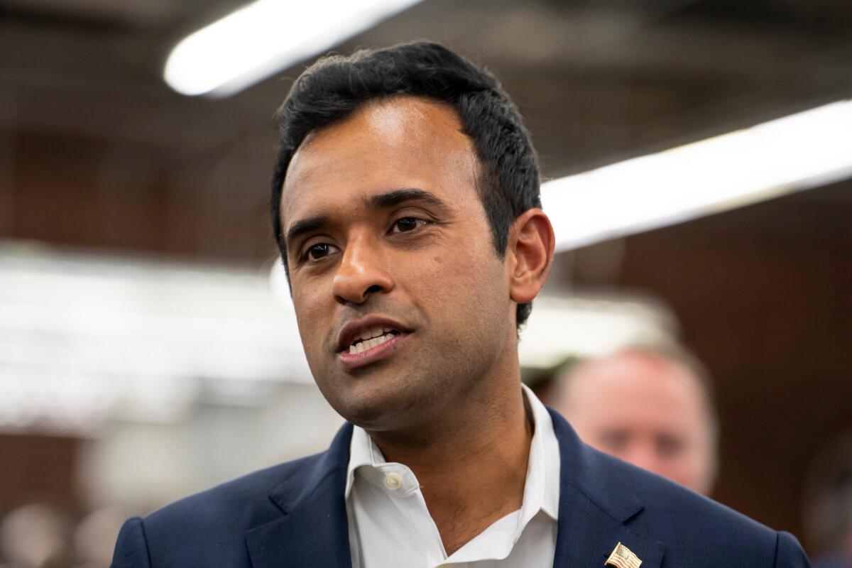 Entrepreneur Vivek Ramaswamy speaks during a Team Trump South Carolina press conference at AGY Aiken LLC in Aiken, S.C., on Feb. 21, 2024. (Madalina Vasiliu/The Epoch Times)