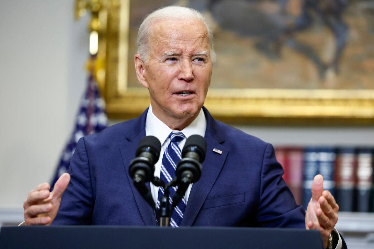 President Joe Biden delivers remarks on the reported death of Alexei Navalny from the Roosevelt Room of the White House, on Feb. 16, 2024. (Anna Moneymaker/Getty Images)