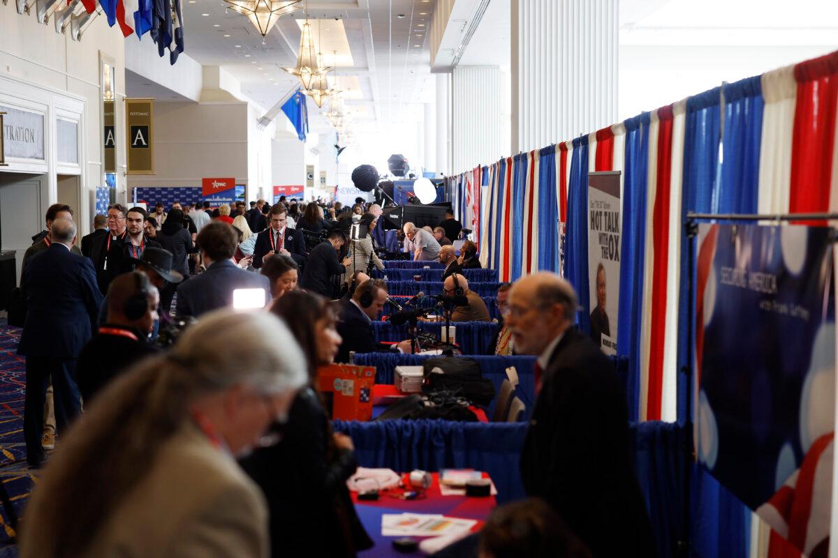 People walk around media row at the Conservative Political Action Conference (CPAC) at Gaylord National Resort Hotel And Convention Center in National Harbor, Md., on Feb. 22, 2024. (Anna Moneymaker/Getty Images)