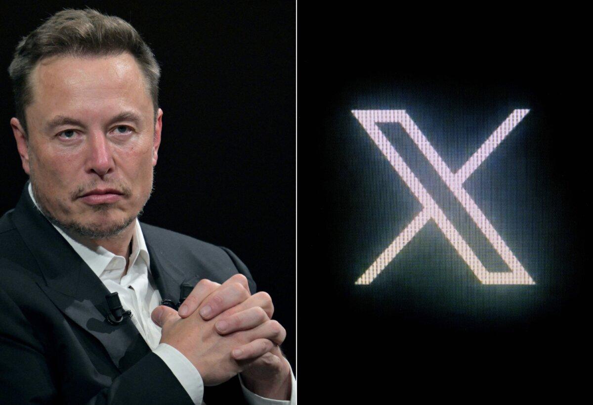 (Left) SpaceX, Twitter, and  Tesla CEO Elon Musk is seen during his visit at an event in Paris, on June 16, 2023. (Right) The new Twitter logo rebranded as X, pictured on a screen in Paris on July 24, 2023. (Alain Jocard/AFP via Getty Images)