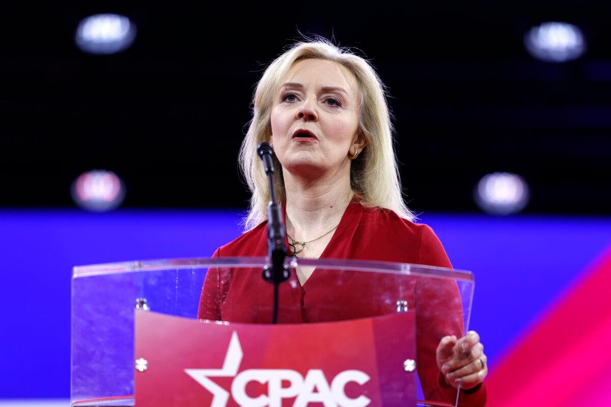 Former U.K. Prime Minister Liz Truss speaks during the Conservative Political Action Conference at Gaylord National Resort Hotel And Convention Center in National Harbor, Md., on Feb. 22, 2024. (Anna Moneymaker/Getty Images)
