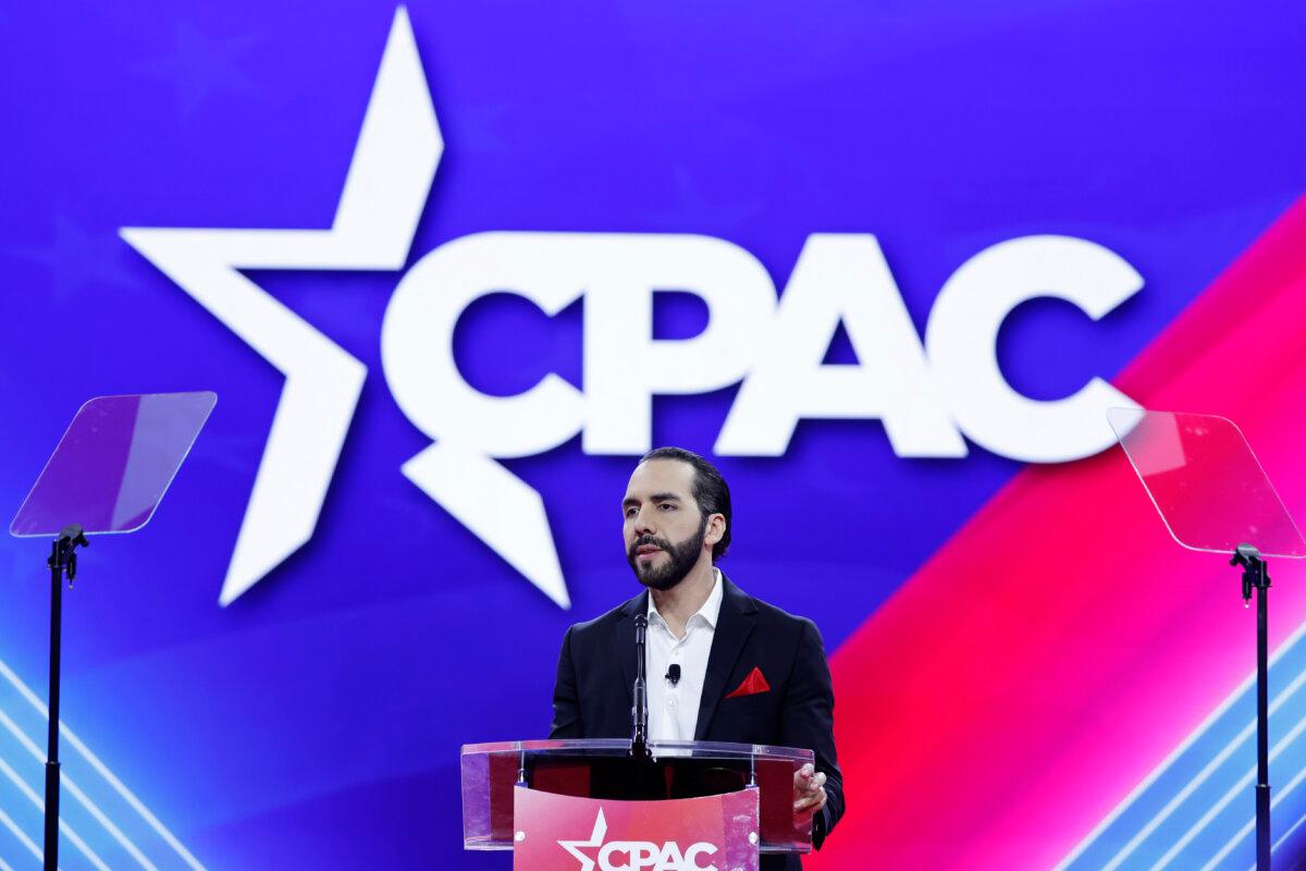 President of El Salvador Nayib Bukel speaks at the Conservative Political Action Conference (CPAC) at the Gaylord National Resort Hotel And Convention Center in National Harbor, Md., on Feb. 22, 2024. (Anna Moneymaker/Getty Images)