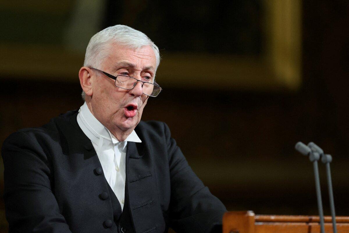 Britain's Speaker of the House of Commons Sir Lindsay Hoyle addresses addresses MPs in the Royal Gallery during a visit of South Korea's President Yoon Suk Yeol to the Palace of Westminster in central London on Nov. 21, 2023. (Hannah McKay/POOL/AFP via Getty Images)