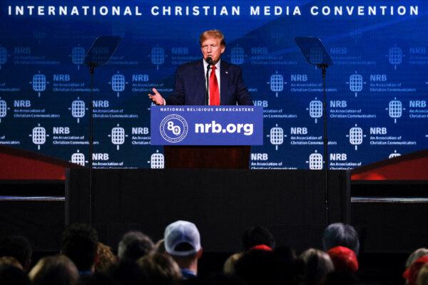 Former President and 2024 presidential hopeful Donald Trump addresses Christian broadcasters at the National Religious Broadcasters (NRB) International Christian Media Convention in Nashville, Tenn., on Feb. 22, 2024. (Kevin Wurm/AFP via Getty Images)