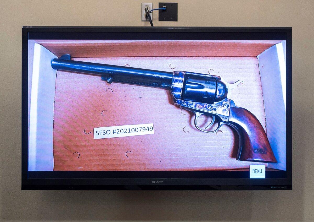 The revolver that actor Alec Baldwin was holding and fired, killing cinematographer Halyna Hutchins and wounding the film’s director, Joel Souza, is displayed during the trial against Hannah Gutierrez-Reed, in Santa Fe, N.M., on Feb. 22, 2024. (Eddie Moore/Pool/The Albuquerque Journal via AP)