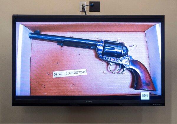 The revolver that actor Alec Baldwin was holding and fired, killing cinematographer Halyna Hutchins, is displayed during the trial against Hannah Gutierrez-Reed, in Santa Fe, N.M., on Feb. 22, 2024. (Eddie Moore/Pool/The Albuquerque Journal via AP)