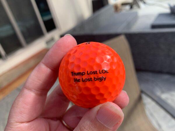 A golf ball that was previously thrown at Mike Briard’s house, in Martinez, Calif., on Feb. 6, 2024. (Helen Billings/The Epoch Times)