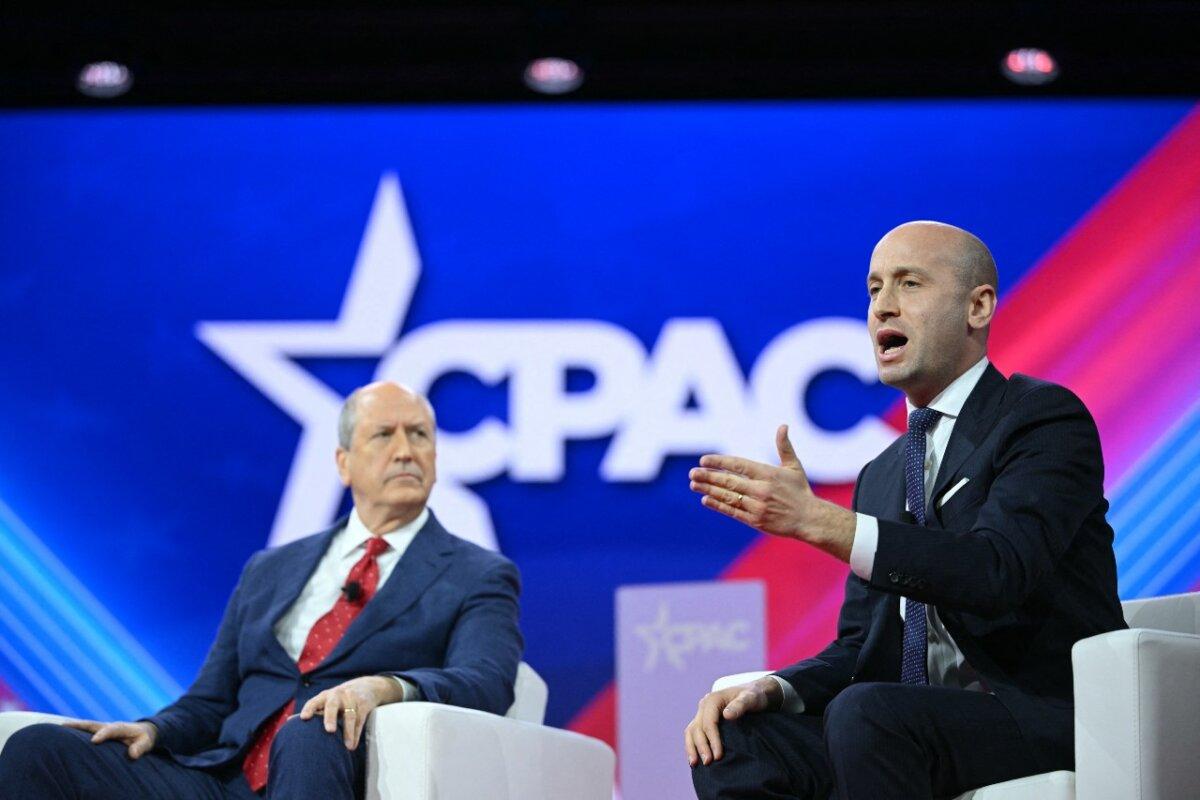 Political advisor Stephen Miller, with Rep. Dan Bishop (R-N.C.) (L), speaks during the annual Conservative Political Action Conference meeting in National Harbor, Md., on Feb. 23, 2024. (Mandel Ngan/AFP via Getty Images)