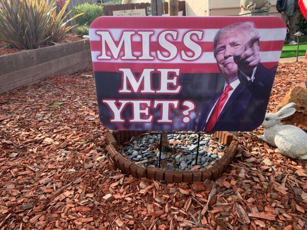 A sign in Mike Briard’s front yard in Martinez, Calif., on Feb. 6, 2024. (Helen Billings/The Epoch Times)