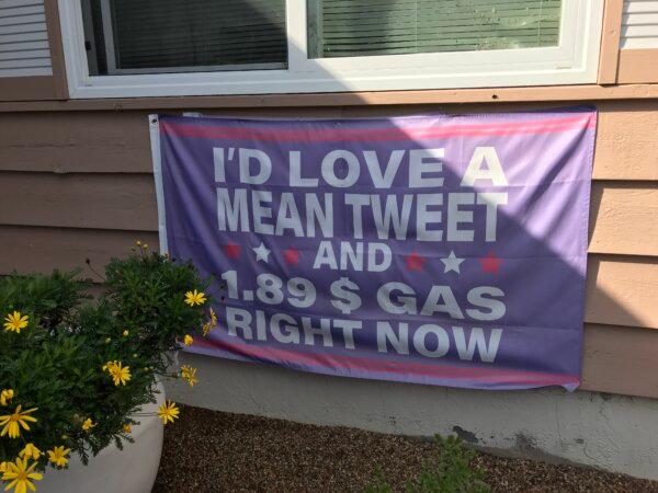 A banner at Mike Briard’s house in Martinez, Calif., on Feb. 6, 2024. (Keegan Billings/The Epoch Times)
