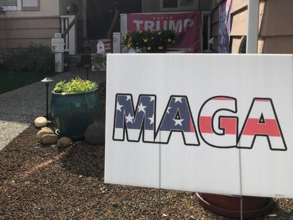 A “MAGA” sign in Mike Briard’s front yard in Martinez, Calif., on Feb. 6, 2024. (Keegan Billings/The Epoch Times)
