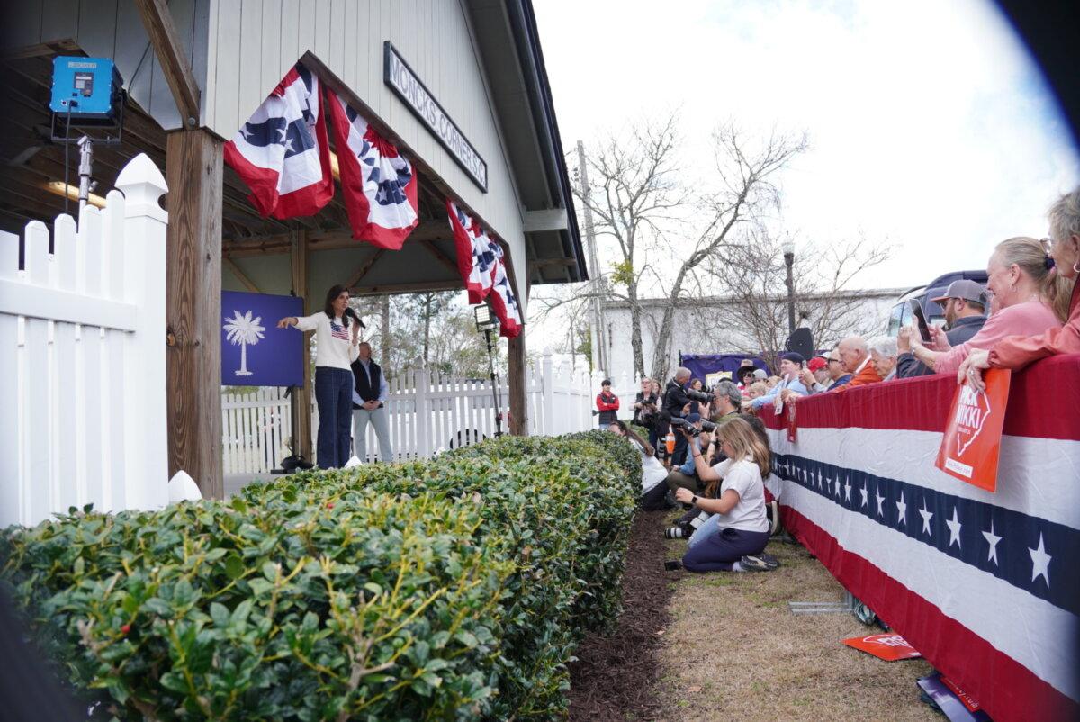 Nikki Haley addresses supporters during a rally in Moncks Corner, South Carolina, on Feb. 23, 2024. (Ivan Pentchoukov/The Epoch Times)