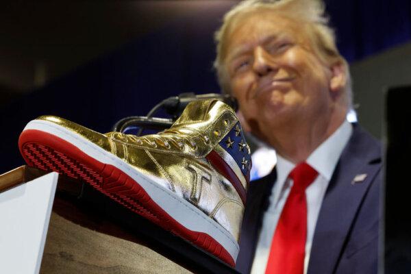 Republican presidential candidate and former President Donald Trump delivers remarks while introducing a new line of signature shoes at Sneaker Con at the Philadelphia Convention Center, in Philadelphia, on Feb. 17, 2024. (Chip Somodevilla/Getty Images)