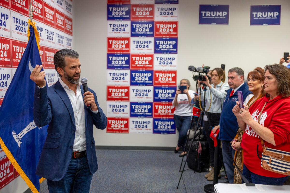 Donald Trump Jr. speaks to supporters at a rally for his father, Republican Presidential candidate, former U.S. President Donald Trump on February 23, 2024 in Charleston, S.C. (Tasos Katopodis/Getty Images)