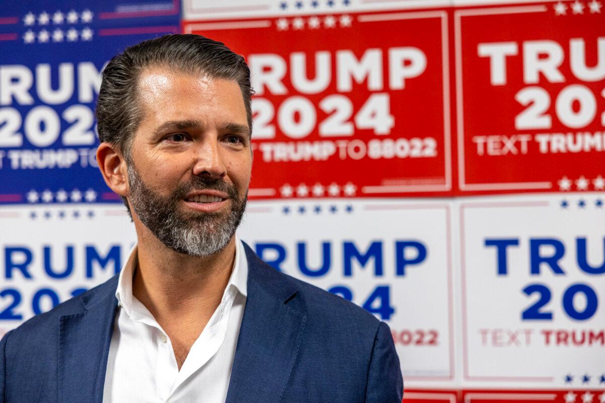 Donald Trump Jr. speaks to media at a rally for his father, Republican Presidential candidate, former U.S. President Donald Trump on Feb. 23, 2024 in Charleston, South Carolina. (Tasos Katopodis/Getty Images)