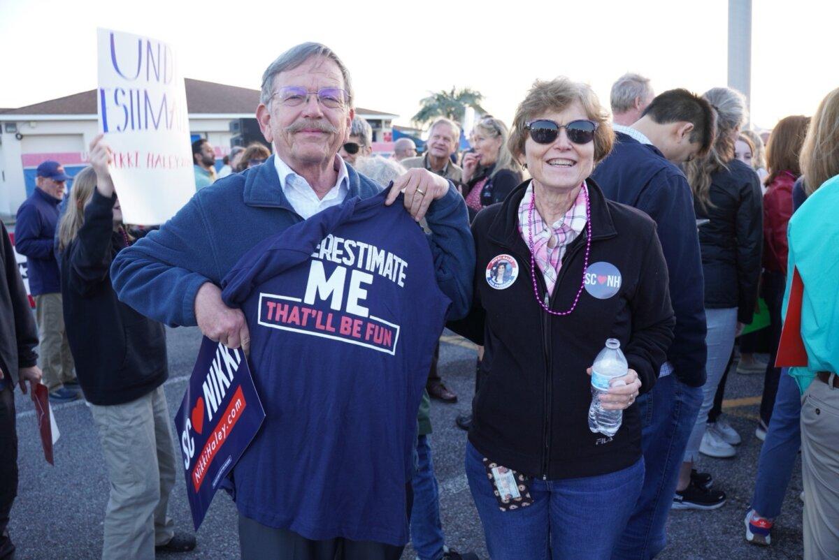 John and Irene Sulkowski, both registered Republicans who support Nikki Haley, at the rally for Ms. Haley in Mt. Pleasant, S.C., on Feb. 23, 2024. (Ivan Pentchoukov/The Epoch Times )