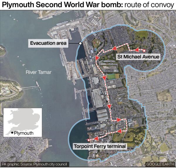 Plymouth World War II bomb: route of convoy. (PA Graphics)