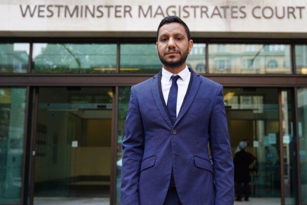 Activist Sayed Ahmed Alwadaei, who was allegedly racially abused by Beckenham MP Bob Stewart, outside Westminster Magistrates' Court, London, on July 19, 2023. (James Manning/PA)