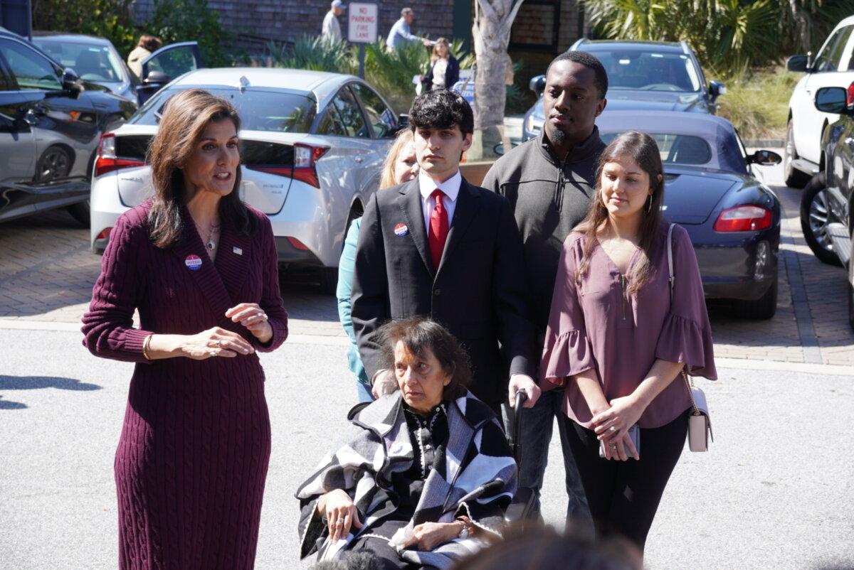 Nikki Haley speaks to the press after casting her ballot in the GOP primary on Kiawah Island, S.C., on Feb. 24, 2024. (Ivan Pentchoukov/The Epoch Times)