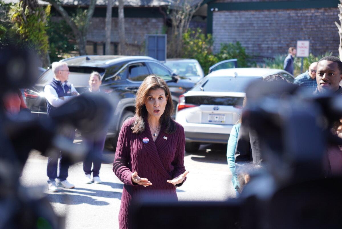 Nikki Haley speaks to the press after casting her ballot in the GOP primary on Kiawah Island on Feb. 24, 2024. (Ivan Pentchoukov/The Epoch Times)