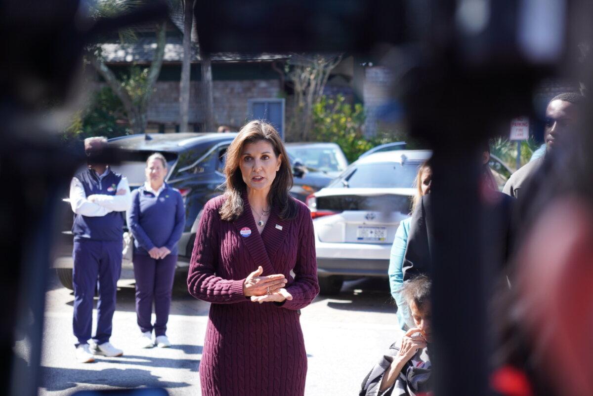 Nikki Haley speaks to the press after casting her ballot in the GOP primary on Kiawah Island, S.C., on Feb. 24, 2024. (Ivan Pentchoukov/The Epoch Times)