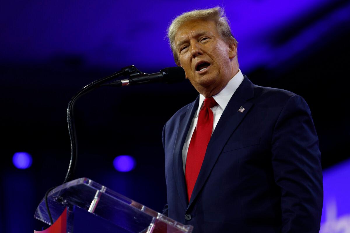 Republican presidential candidate and former President Donald Trump speaks at CPAC at the Gaylord National Resort Hotel And Convention Center in National Harbor, Md., on Feb. 24, 2024. (Anna Moneymaker/Getty Images)
