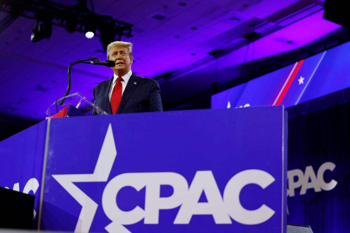 Republican presidential candidate and former President Donald Trump speaks at CPAC at the Gaylord National Resort Hotel And Convention Center in National Harbor, Md., on Feb. 24, 2024. (Anna Moneymaker/Getty Images)