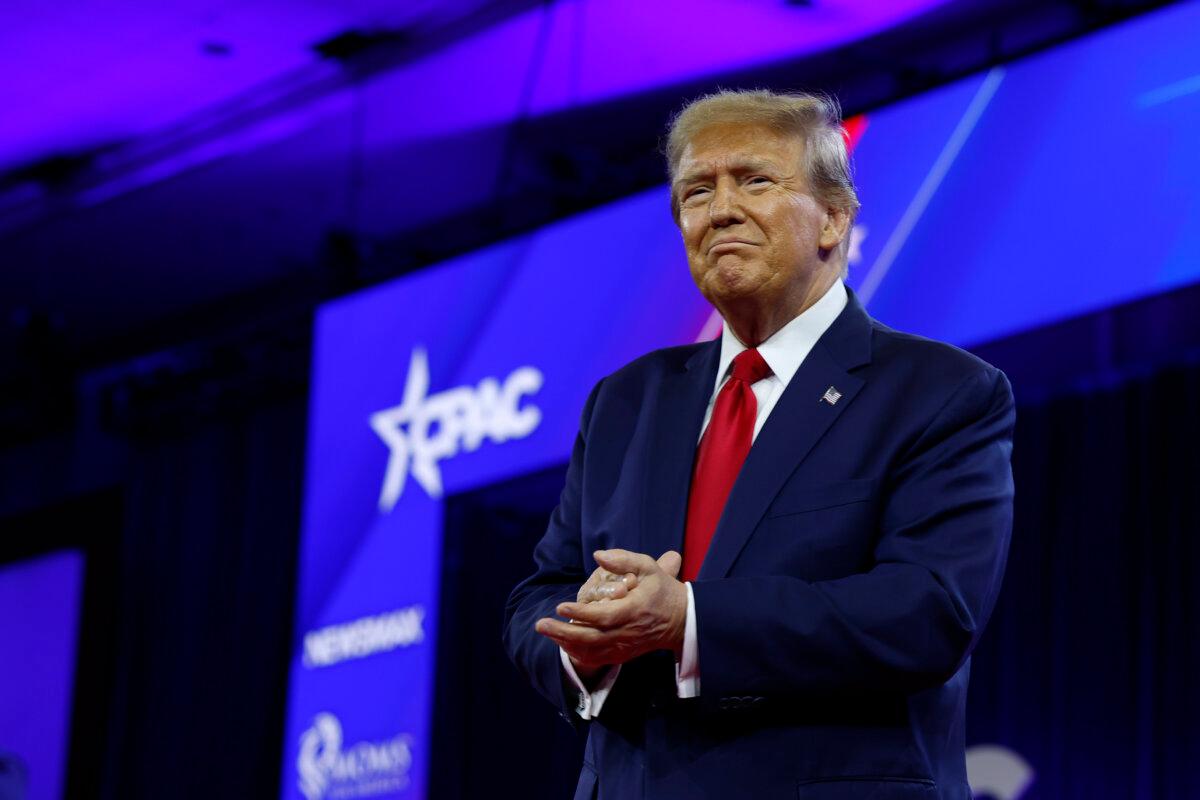 Republican presidential candidate and former President Donald Trump speaks at CPAC at the Gaylord National Resort Hotel And Convention Center in National Harbor, Md., on Feb. 24, 2024. (Anna Moneymaker/Getty Images)