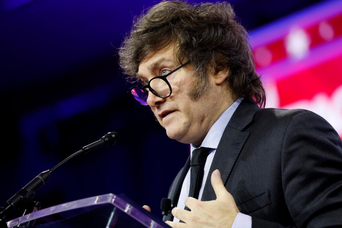 President of Argentina Javier Milei speaks at CPAC at the Gaylord National Resort Hotel And Convention Center in National Harbor, Md., on Feb. 24, 2024. (Anna Moneymaker/Getty Images)