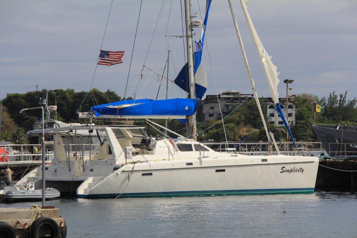 The yacht "Simplicity," which officials say was hijacked by three escaped prisoners with two people aboard, is docked in Calliaqua, St. Vincent, on Feb. 23, 2024. (AP Photo/Kenton X. Chance)