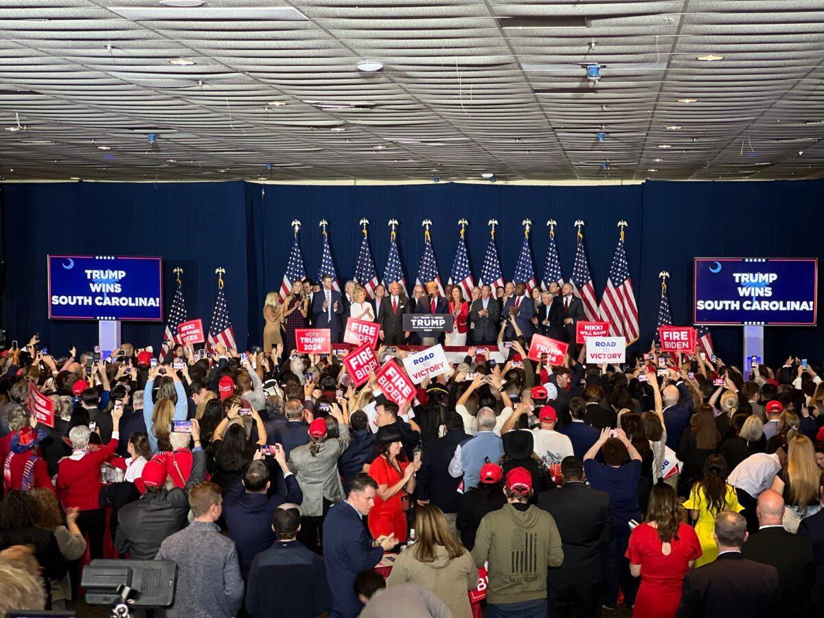 Former President Donald Trump speaks after winning the South Carolina GOP Primary at a watch party in Columbia, S.C. on Feb. 24, 2024. (Madalina Vasiliu/The Epoch Times)