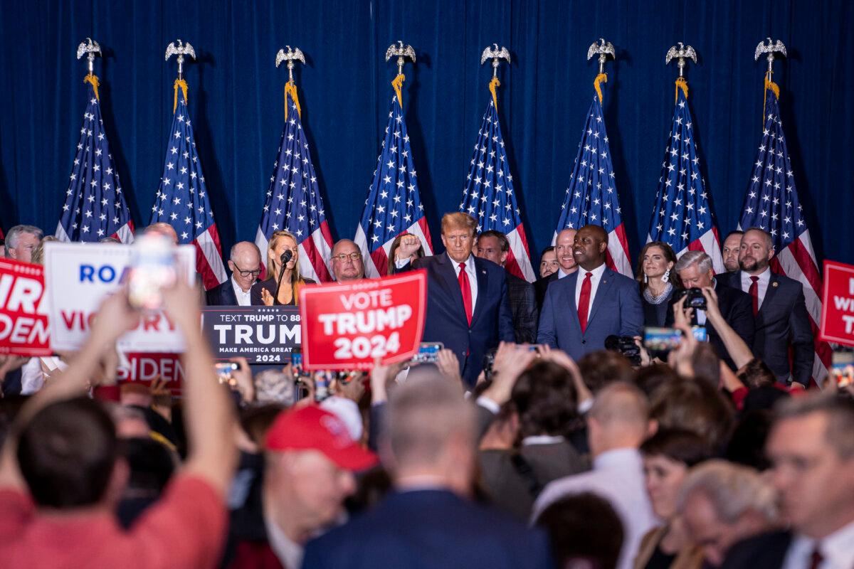 President Donald Trump takes the stage at the South Carolina State Fairgrounds in Columbia, S.C., after defeating Nikki Haley in her home state on Feb. 24, 2024. (Madalina Vasiliu/The Epoch Times)