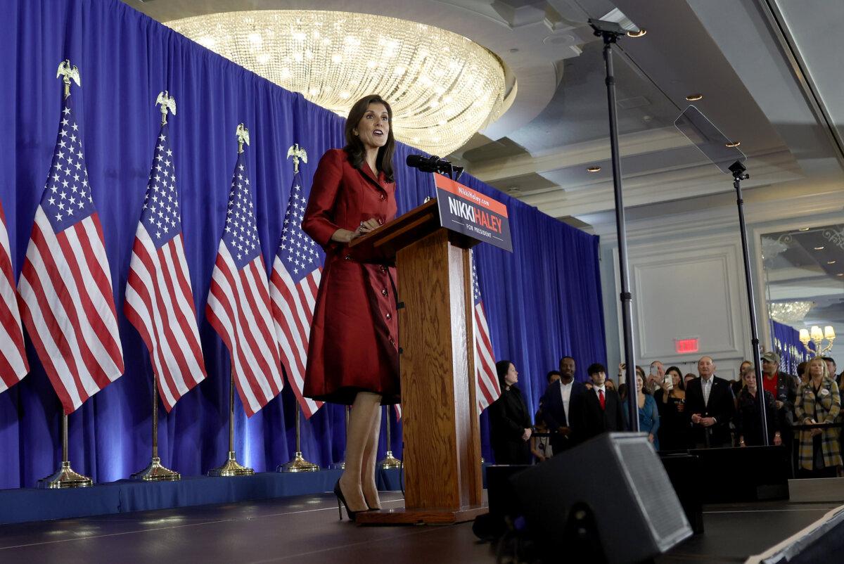 Republican presidential candidate former U.N. Ambassador Nikki Haley speaks during her primary election night gathering at The Charleston Place in Charleston, S.C. on Feb. 24, 2024. (Justin Sullivan/Getty Images)