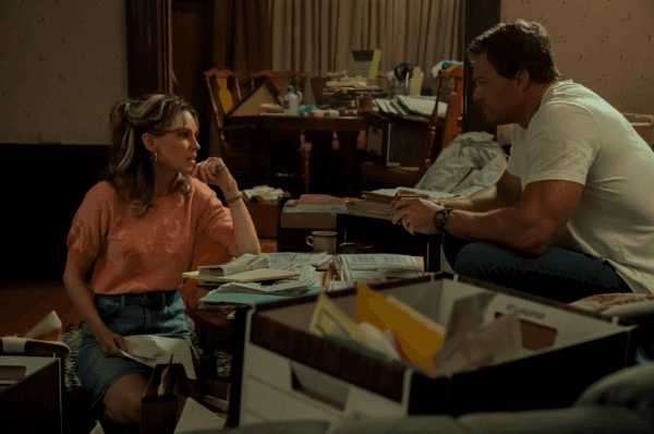Sharon Stevens (Hilary Swank) and Ed Schmitt (Alan Ritchson) discuss Ed's precarious financial situation, in "Ordinary Angels." (Allen Fraser/Lionsgate)