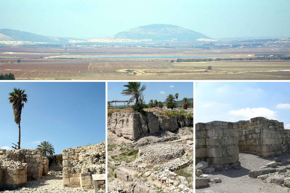 Tel Megiddo. (<a href="https://commons.wikimedia.org/wiki/File:JPF-Jezreel_Valley_and_Mount_Tabor.JPG">Joe Freeman</a>/<a href="https://creativecommons.org/licenses/by-sa/2.5/deed.en">CC BY-SA 2.5 DEED</a>; <a href="https://commons.wikimedia.org/wiki/File:Megido_City_Gate1.jpg">Golf Bravo</a>/<a href="https://creativecommons.org/licenses/by-sa/3.0/deed.en">CC BY-SA 3.0 DEED</a>; <a href="https://commons.wikimedia.org/wiki/File:Outer_opening_of_the_chambered_gate_at_Megiddo_(B)_(20693218186).jpg">Ian Scot</a>t/<a href="https://creativecommons.org/licenses/by-sa/2.0/deed.en">CC BY-SA 2.0 DEED</a>; <a href="https://commons.wikimedia.org/wiki/File:Tell_Megiddo_-_4.2006_-36.JPG">Hanay</a>/<a href="https://creativecommons.org/licenses/by/3.0/deed.en">CC BY 3.0 DEED</a>)