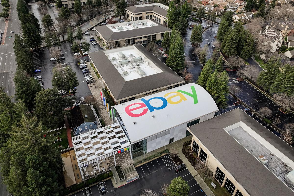 The eBay logo is displayed on the roof of eBay headquarters in San Jose, Calif., on Jan. 24, 2024. (Justin Sullivan/Getty Images)