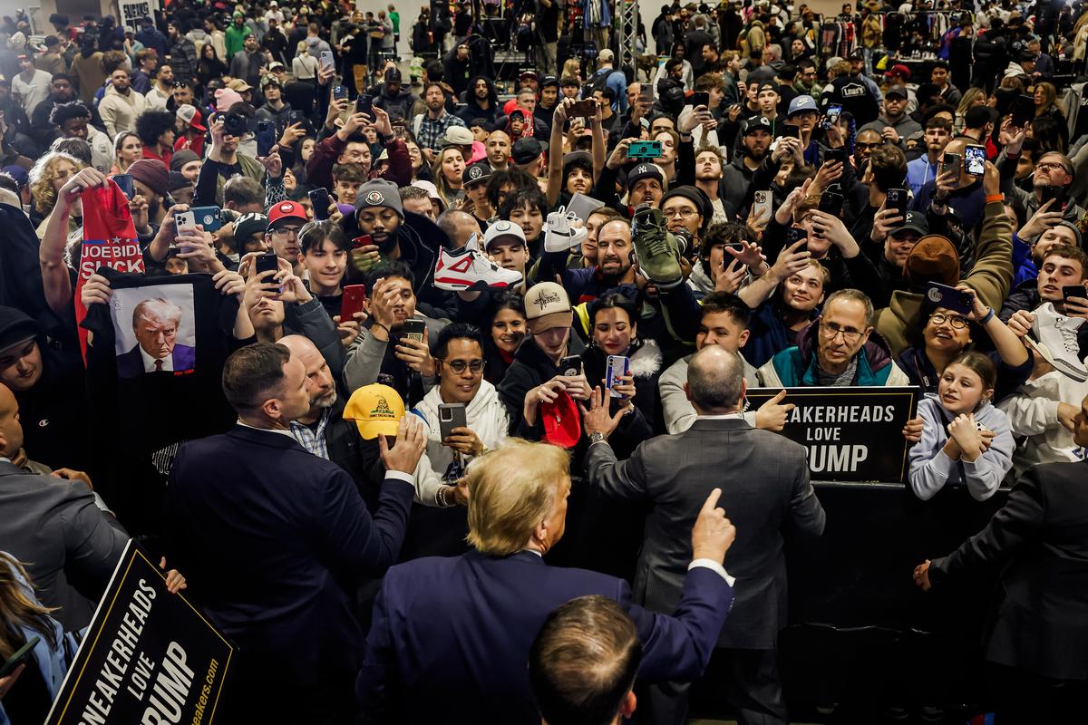 Former President Donald Trump greets attendees after introducing a new line of signature shoes at SneakerCon in Philadelphia on Feb. 17, 2024. (Chip Somodevilla/Getty Images)