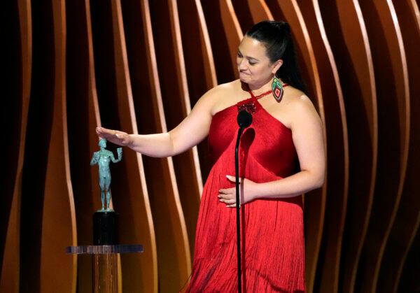 Lily Gladstone accepts the award for outstanding performance by a female actor in a leading role for "Killers of the Flower Moon" during the 30th annual Screen Actors Guild Awards at the Shrine Auditorium in Los Angeles on Feb. 24, 2024. (Chris Pizzello/AP Photo)