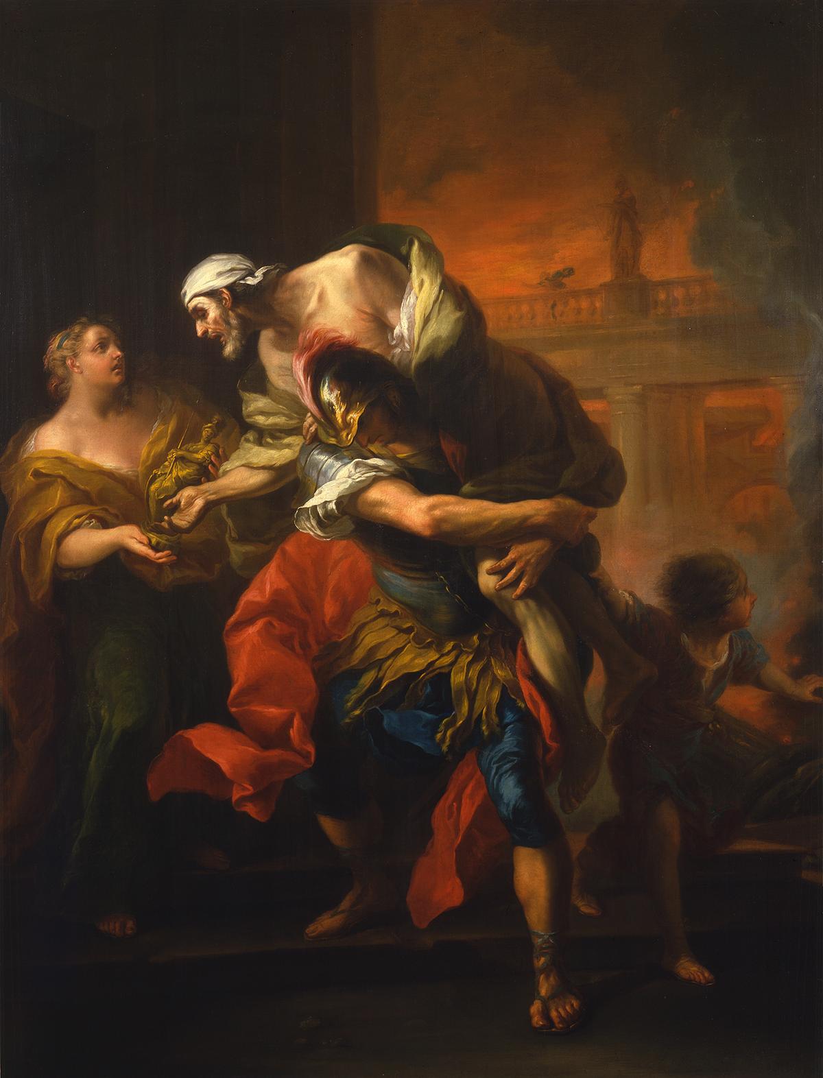 "Aeneas Rescuing His Father From the Fire at Troy," 18th century, by Charles-André van Loo. Oil on canvas. Nationalmuseum, Stockholm. (Public Domain)