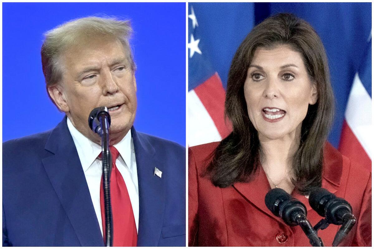 (Left) Former president and 2024 presidential hopeful Donald Trump speaks during the annual Conservative Political Action Conference (CPAC) meeting in National Harbor, Md., on Feb. 24, 2024. (Right) Republican presidential candidate and former U.N. Ambassador Nikki Haley speaks to a crowd during a primary election night party in Charleston, S.C., on Feb. 24, 2024. (Mandel Ngan/AFP via Getty Images; Sean Rayford/Getty Images)